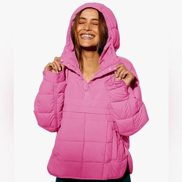Quilted Pullover Packable Puffer Jacket Oversized Barbie Bubblegum Pink NWOT - Picture 3 of 13